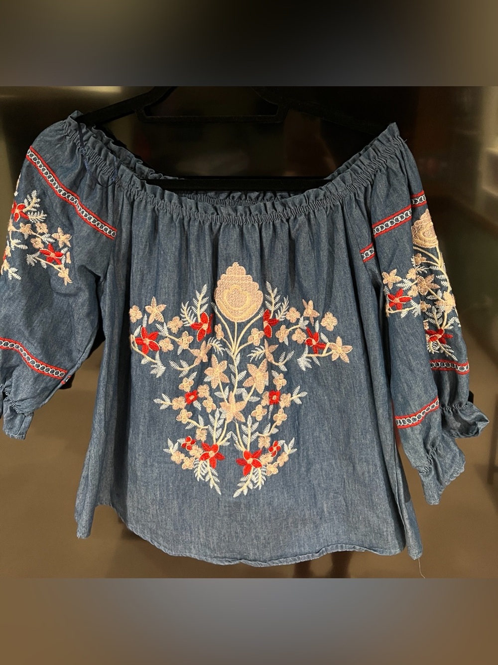 Embroidered Off-Shoulder Chambray Blouse - Blue